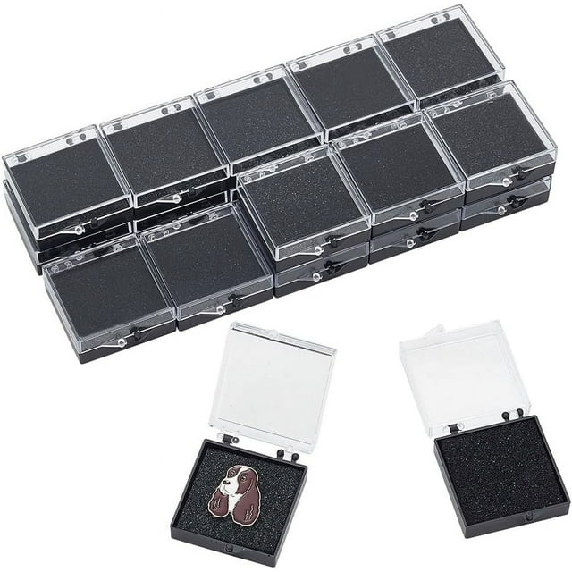 Caja de regalo de plástico transparente para broches, 20 unidades, 1,95 x 1,67 x 0,67 pulgadas, color negro, con esponja.