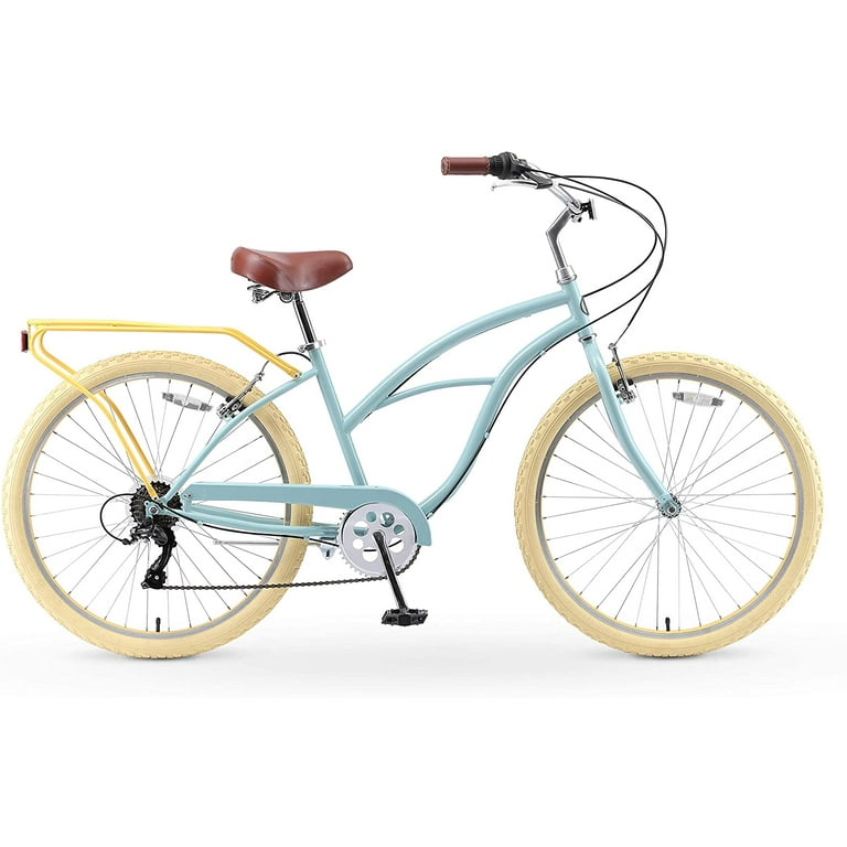 sixthreezero Around the Block Women's 7-Speed New Beach Cruiser Bicycle  with Rear Rack, 26 In. Wheels, Sky Marigold with Brown Seat and Grips