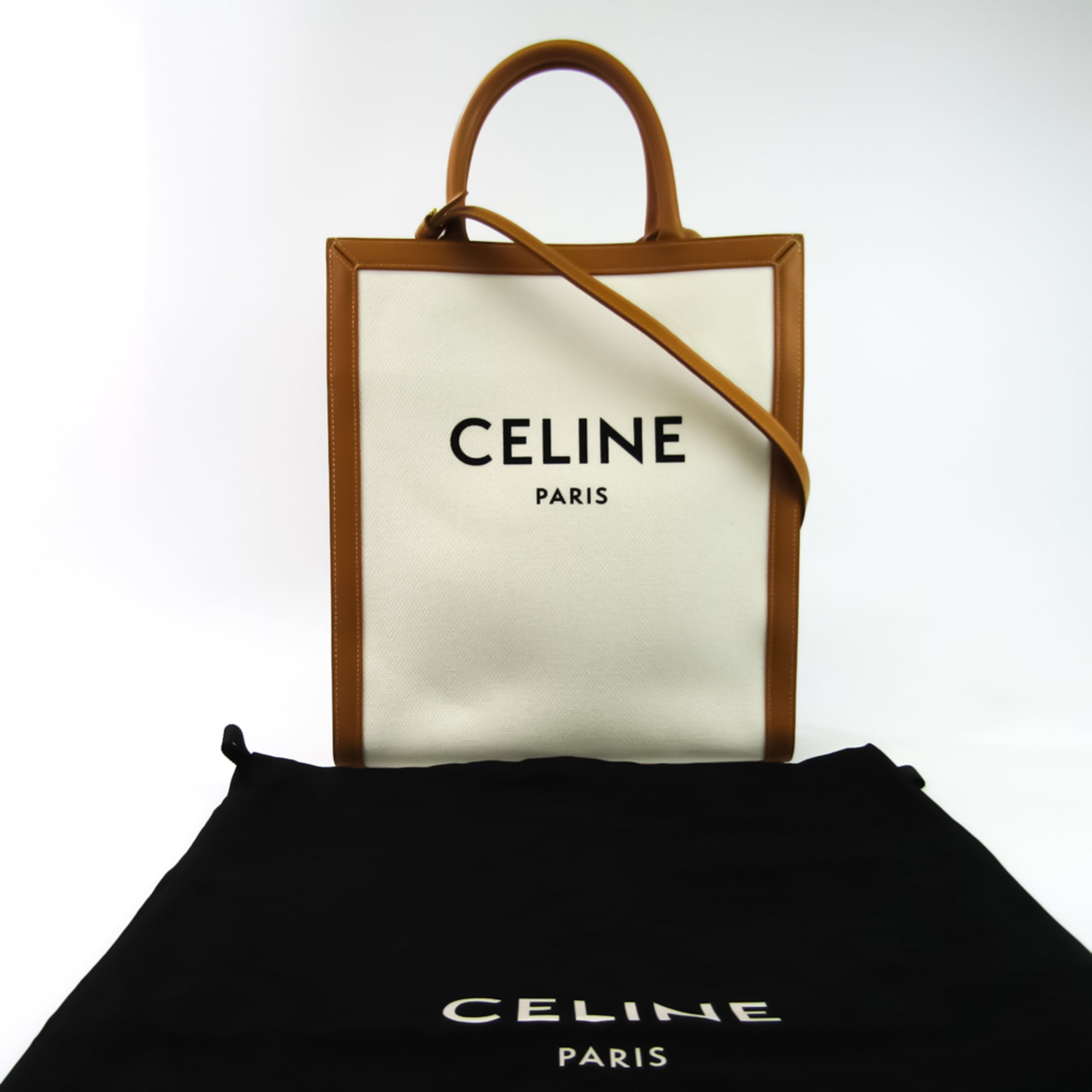 SMALL VERTICAL CABAS CELINE IN STRIPED TEXTILE WITH CELINE JACQUARD AND  CALFSKIN - TOBACCO / TAN