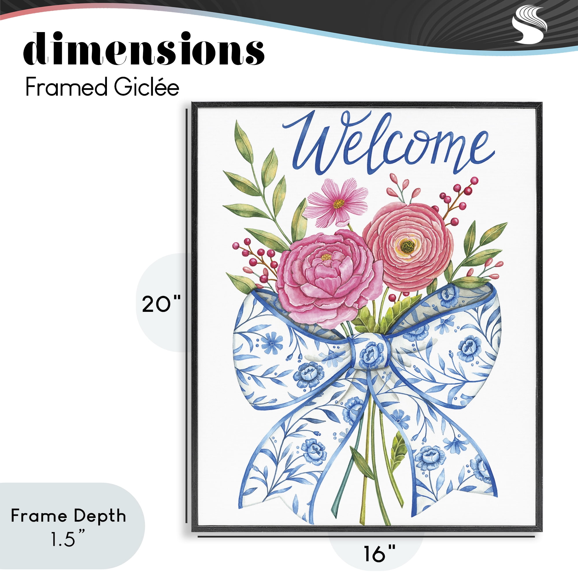 Stupell Industries Bow & Flowers Welcome Black Framed Giclee Art, design by Deb Strain
