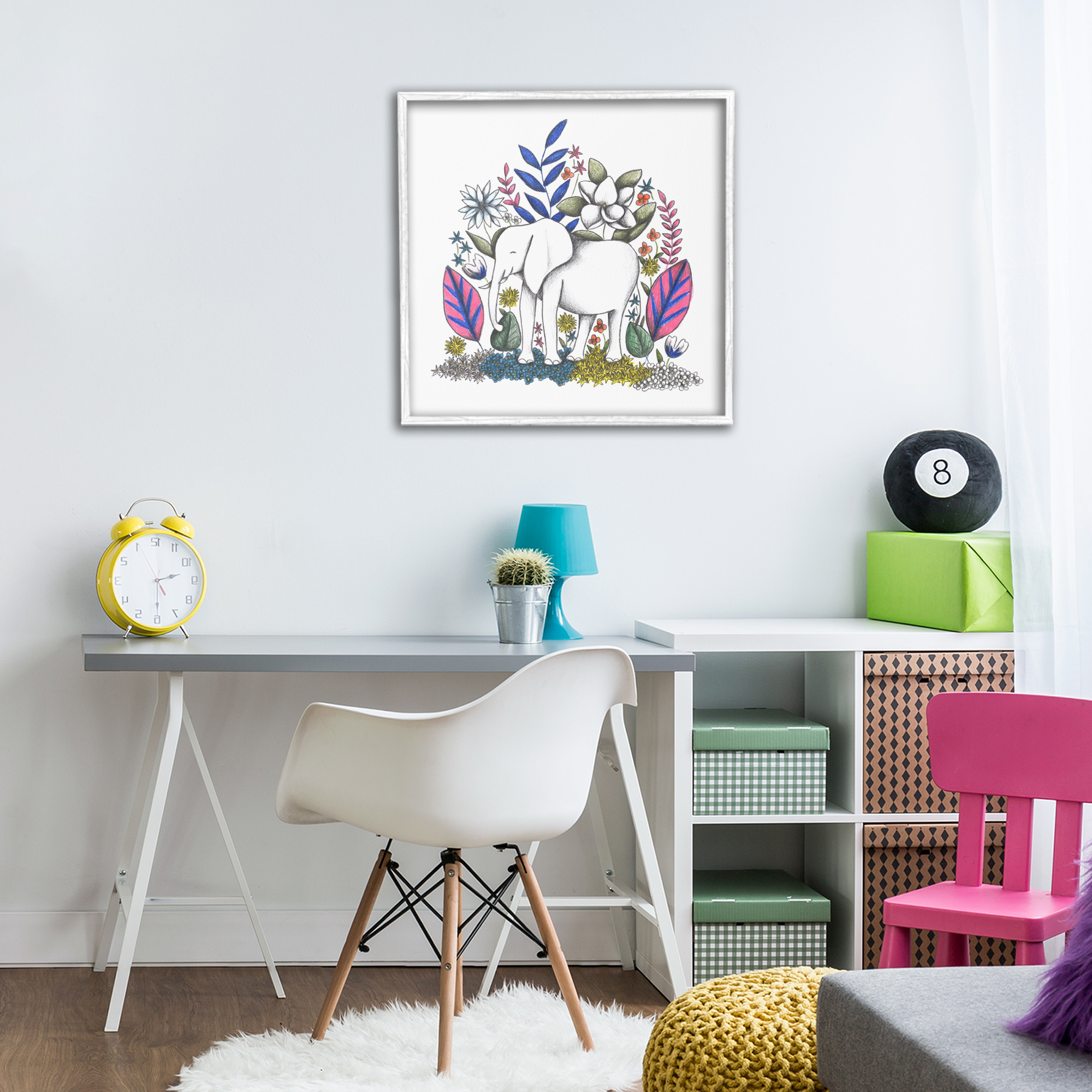 Elephant in Midst of Flowers White Framed Giclee Art, design by Cecilia Battaini
