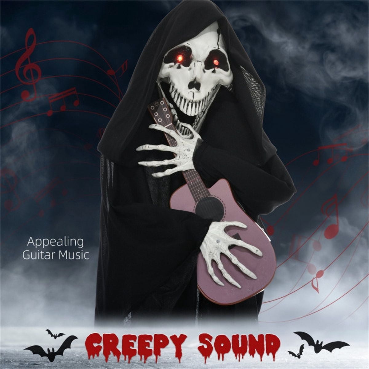 4.3FT Animated Halloween Grim Reaper Guitar Prop Sound Activated with Red Glowing Eyes