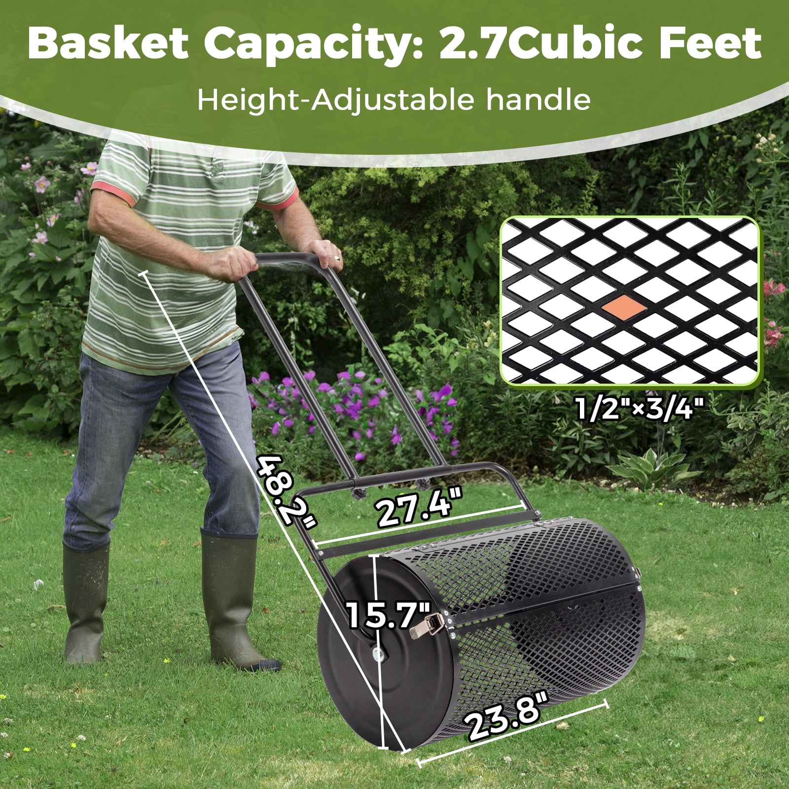 Ktaxon 24" Peat Moss Roller, Black Steel Mesh Lawn Spreader with Double Side Latches