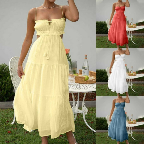 ZZwxWA Womens 20255 Summer Dresses Halter Neck Boho Long Floral Dress Backless Ruffle Hem Flowy Tiered Maxi Sundress Formal Cocktail Party