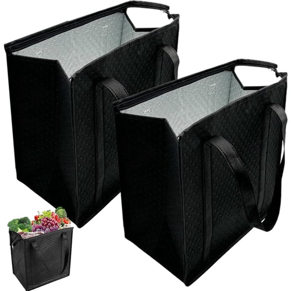 Scheam 2 Pack Large Capacity Grocery Bags,Thickened Aluminum Foil Insulation Bags,Non-Woven Ice Bag,Handheld Shopping Bag,Foldable and Reusable,for Hot or Cold Food (Black)