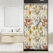Yellow Floral Shower Curtain 36x72 Inch Stall Harf Mini Size Stand up Vintage Plant Watercolor Peony Flower Colorful Printed Bathroom Polyester Fabric 6 Pack Hooks