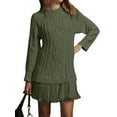 thumbnail image 3 of Women Cable Knit Sweater Dress Crewneck Long Sleeve Pleated Mini Dress Twofer Style Patchwork Dress Green S, 3 of 7
