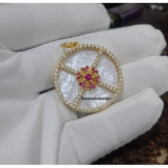 Handmade Ruby Diamond Mother of Pearl Sterling Silver Charm Pendant