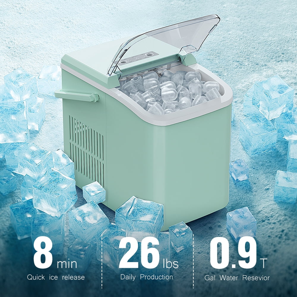 Portable Self Cleaning Countertop Ice Maker Machine, 6 Mins/9 Pcs, 26.5lbs/24Hrs, 2 Sizes of Bullet Ice, Ideal for Kitchen, Office, and Parties, Stainless Steel Green Ice Maker with Scoop and Basket