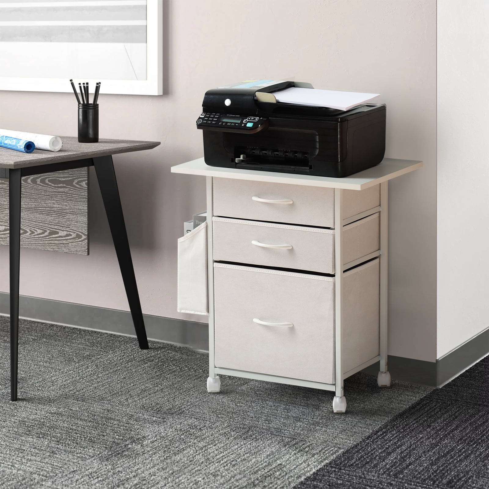 KATHY&BOB Printer Stand with 3 Fabric Drawers, Mobile File Cabinet, Desk Table Cabinet Fits A4 Letter Size, Home Office Furniture, White