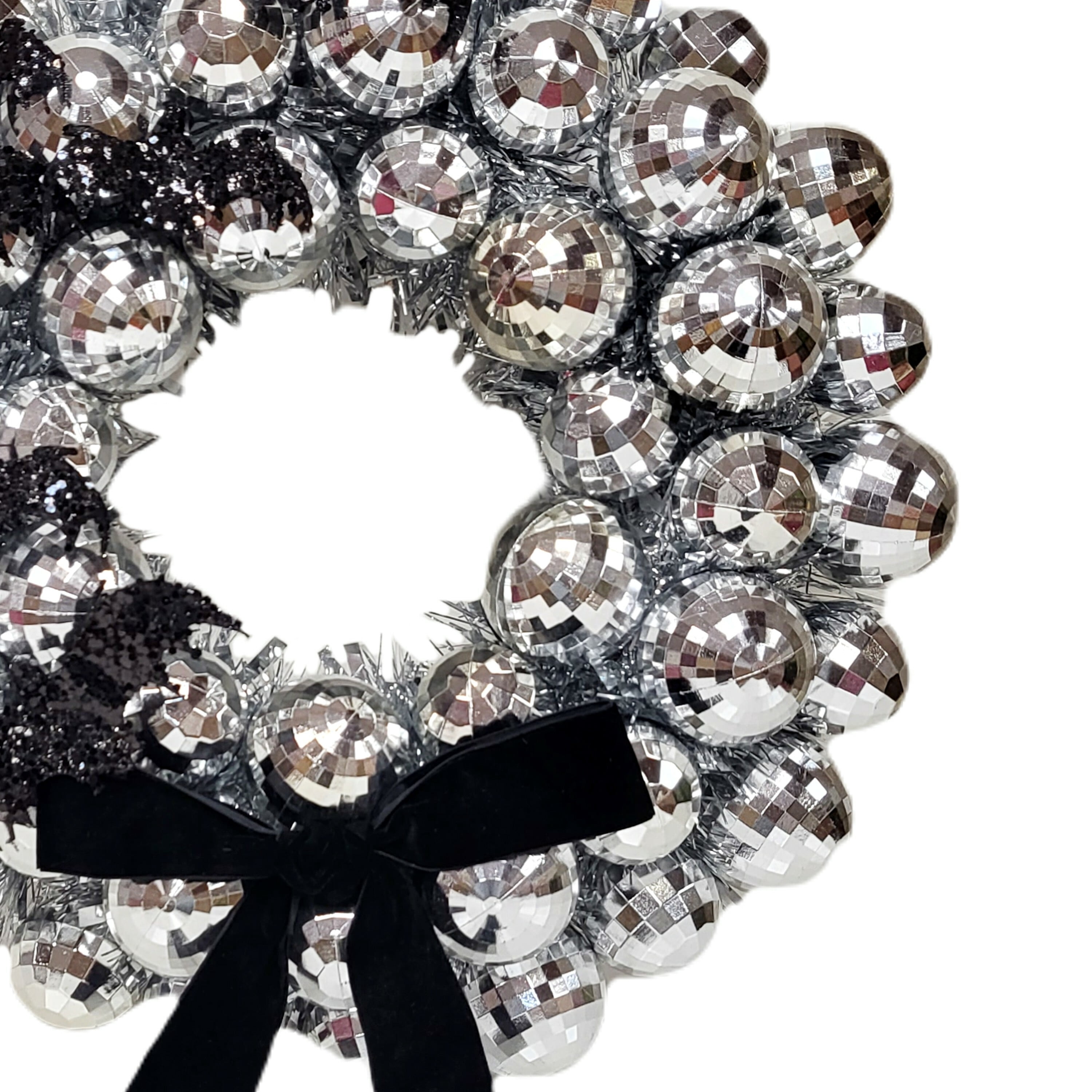 Disco Ball and Bats Wreath, Silver and Black, 17", Halloween by Way To Celebrate