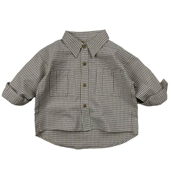 KAOOCXU Boy Girl Versatile T-Shirts Plaid Printed Patchwork Long Sleeve Turndown Collar Stylish Shirts Button Up Top With Pockets Relaxed Fit Lightweight Daily Wear