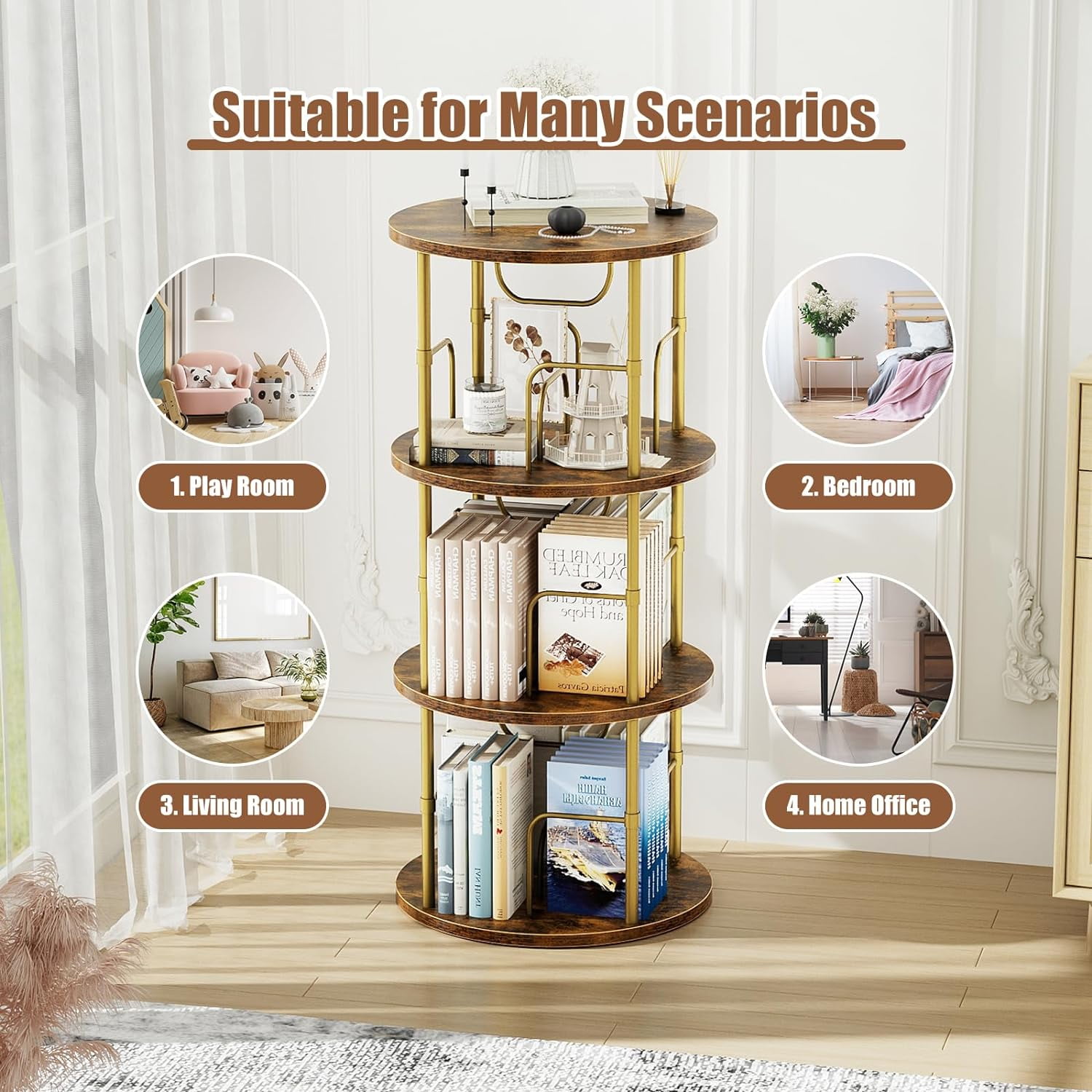 Flycity 3 Tier Rotate Bookcases, 360° Display Spin Bookcases Corner Shelf with Special Visible Partition Storage, Gold
