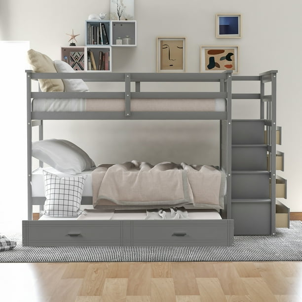 Hardwood Twin Over Bunk Bed With, Twin Over Bunk Beds With Trundle And Stairs