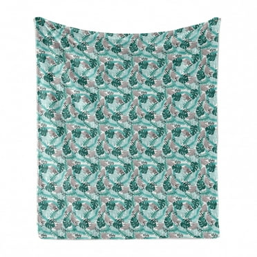 Tropical Soft Flannel Fleece Blanket, Abstract Design Monstera Banana Palm Tree Leaves Geometric Stripes, Cozy Plush for Indoor and Outdoor Use, 50" x 60", Mint Green Dust and White, by Ambesonne