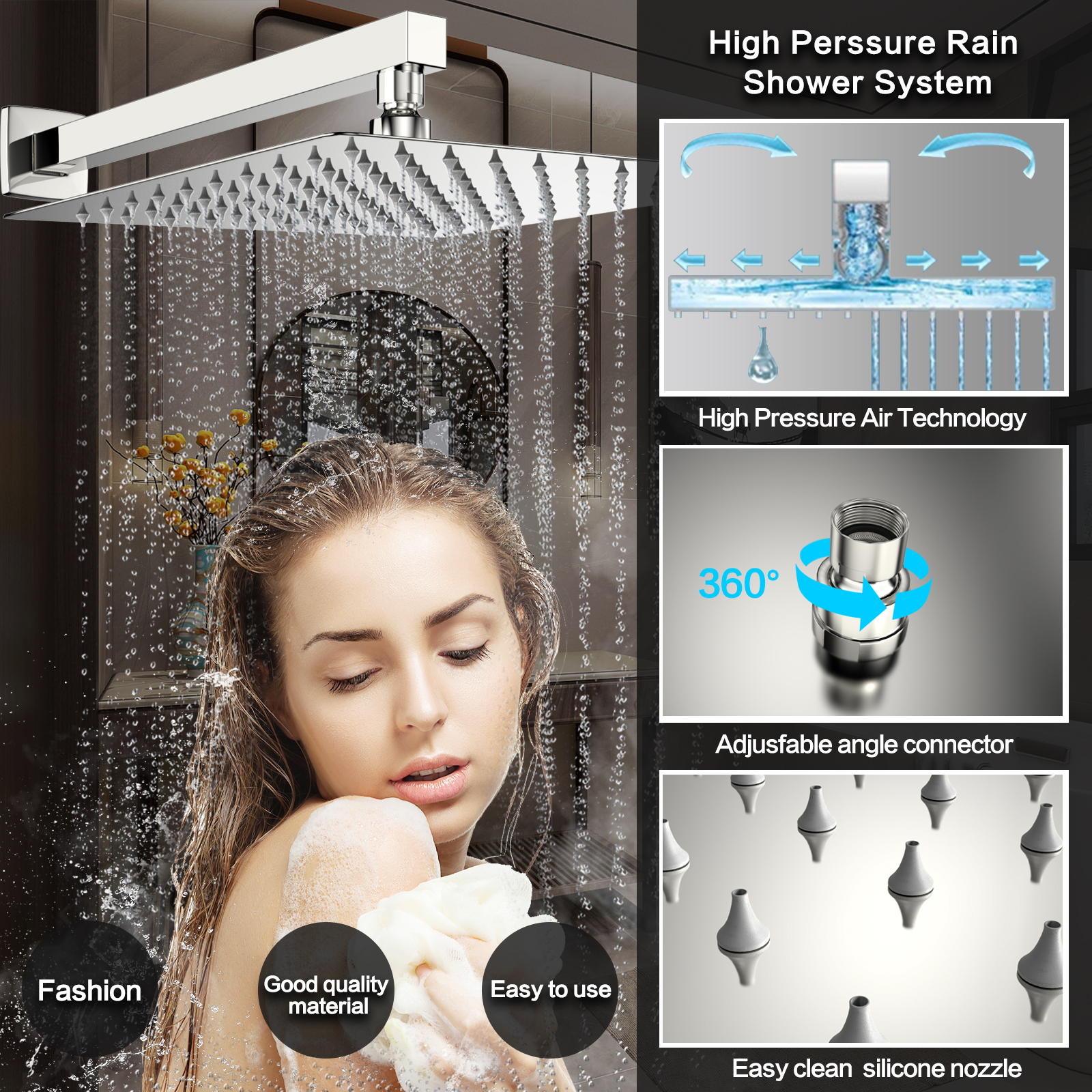 Fatspas Rain Shower System, 10" Shower Faucet Set with Rain Handheld, Wall Mounted High Pressure Shower Head System, Luxury Shower Head Set for Bathroom Shower Fixtures Rough in 2 Way Shower Valve Kit
