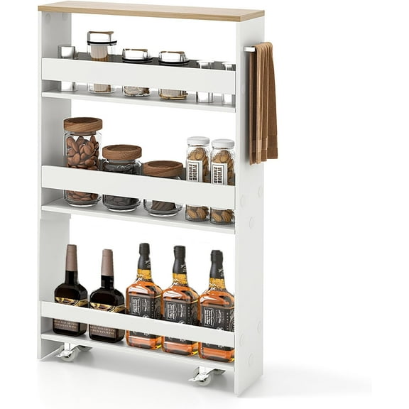 4-Tier Slim Rolling Storage Cart, Wooden Kitchen Utility Cart with Wheels & Handle, Space Saving Trolley, Slide Out Shelving Unit for Narrow Spaces, Laundry, Bathroom (White   Natural)