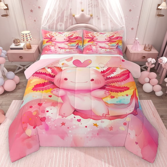 Homewish Cute Pink Axolotl Bedding Comforter Set 2pcs for Kids Teens,Cartoon Stars Love Heart Twin Comforter Sets Microfiber,Kawaii Animal Salamander Breathable Bedding Set