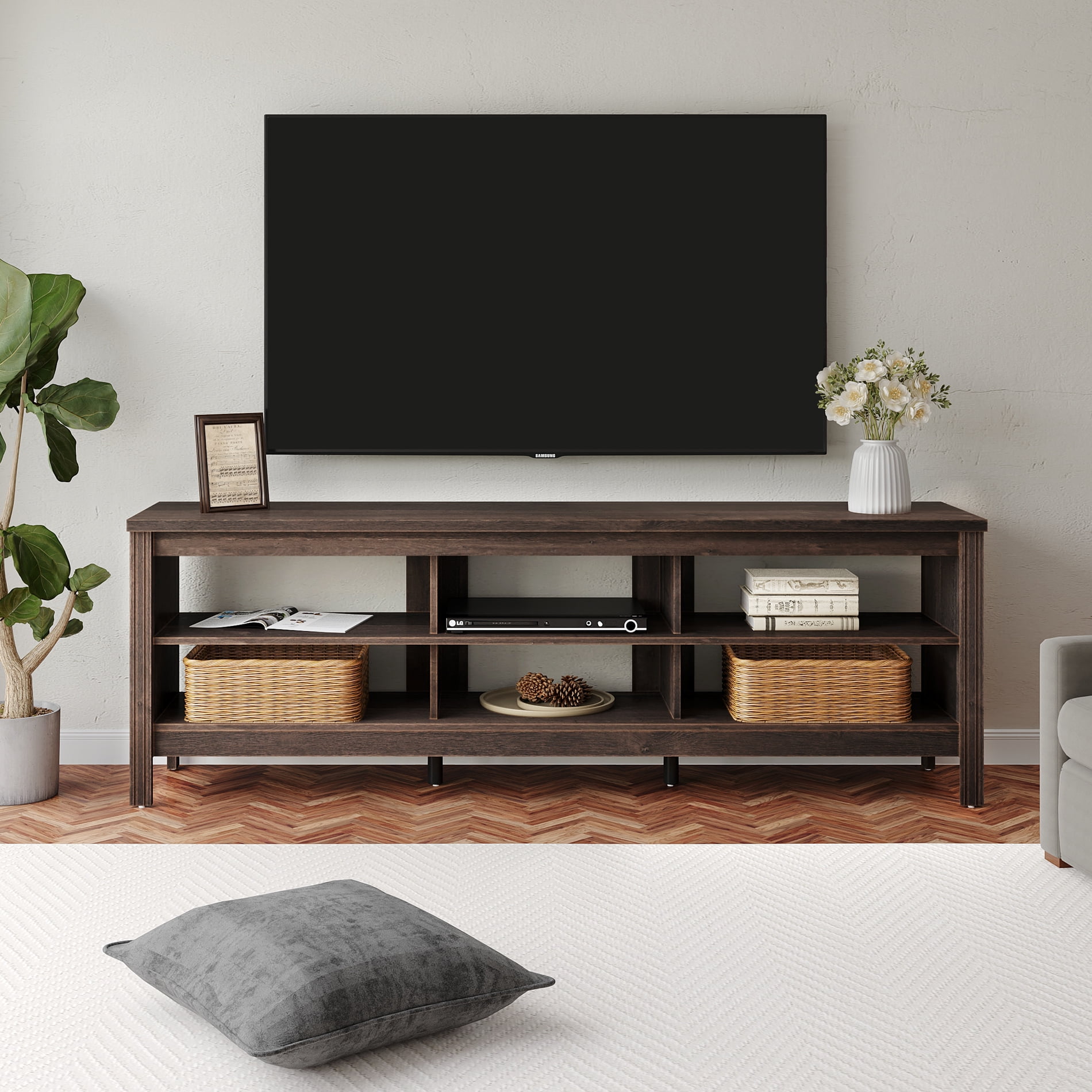 Buy Farmhouse TV Stand for 75 inch TV with 6 Cubby for Living Room