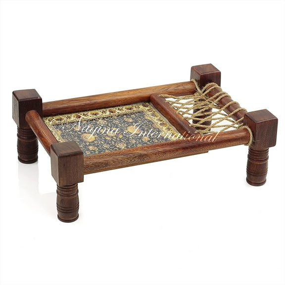 Traditional Decorative Asian Cot Tray for Snacks & Drinks | North Indian Decorative Wooden Coat Decor Accent (Floral Black)