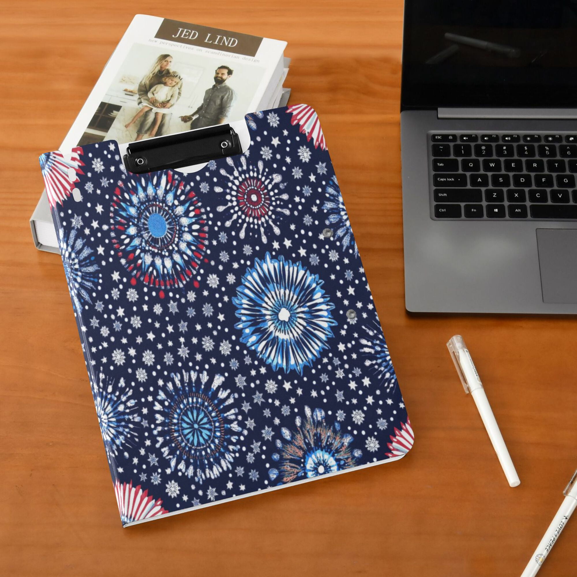 FORMRS A4 Clipboard Folder with Pen Holder Horizontal Foldable School Office Binder, Blue Fireworks Pattern