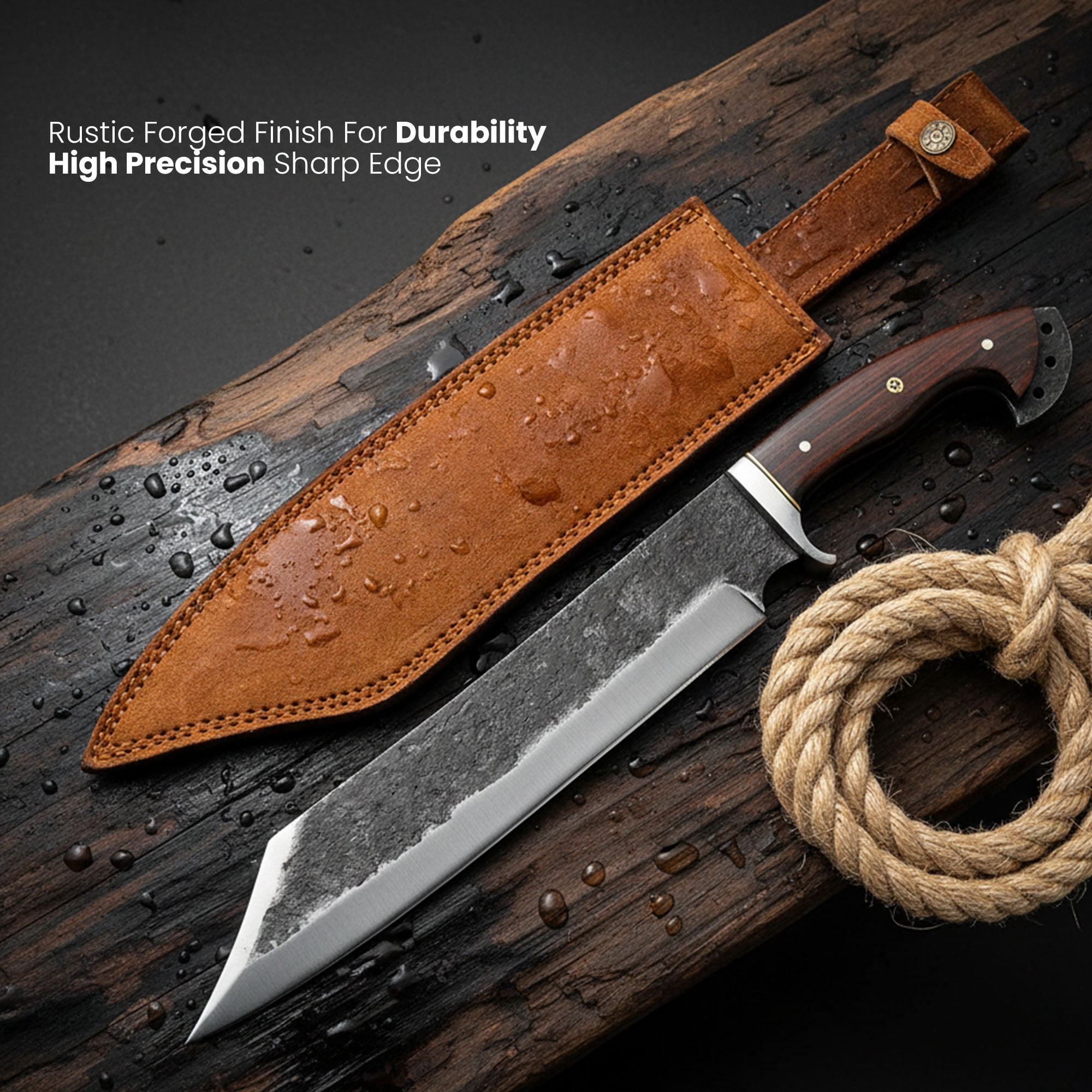 SZCO 18 Inch Black Smith's Bowie Knife Forged Carbon Steel Blade Wood Handle With Mosaic Pin Outdoor Hunting Knife With Sheath