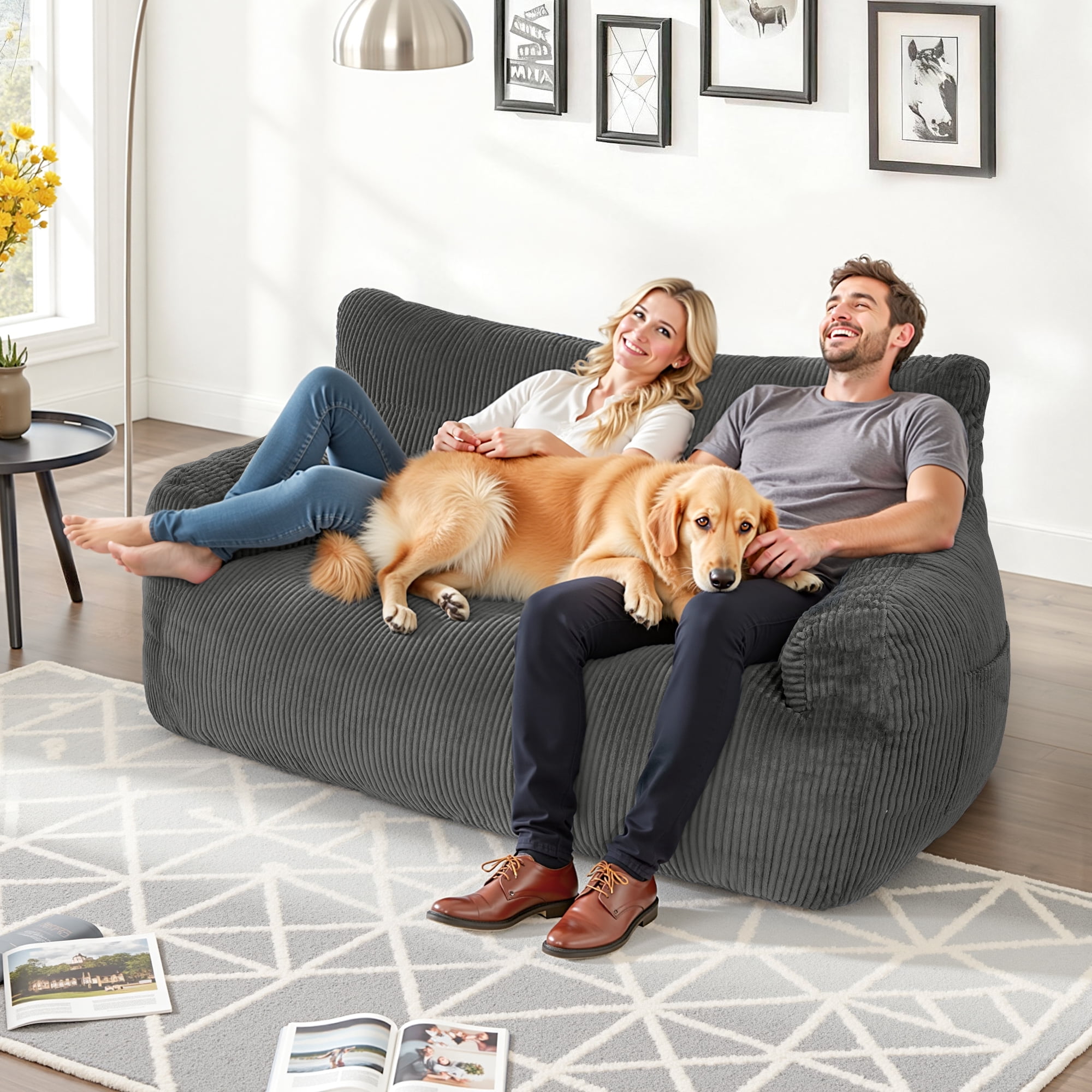 PamapicLife 2-Person Chill Plush Corduroy Bean Bag Sofa, Gray