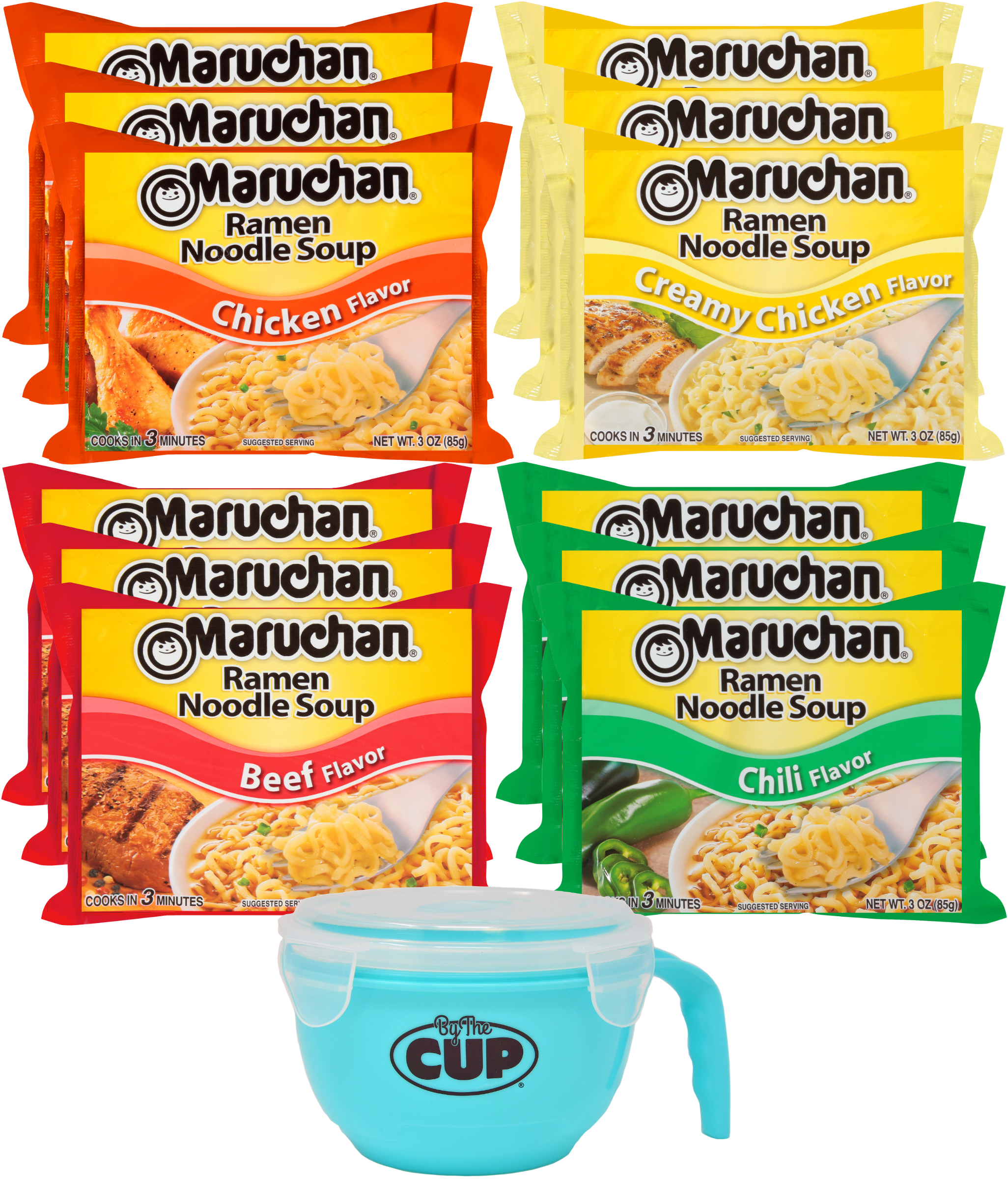 By The Cup Maruchan Ramen Noodle Soup Variety Pack, 4 Flavors, 12