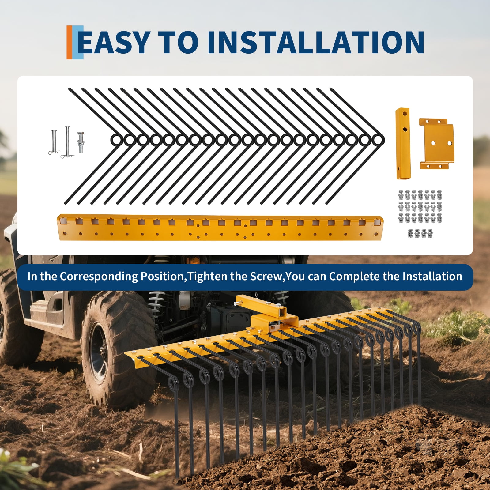 Mescukay Tow Behind Landscape Rake, 60" Tow Dethatcher with 21 Steel Coil Tines, Lawn Dethatcher Rake Attaches Toolbars and 3-Point Suspension Systems, for Leaves, Pine Needles, and Grass