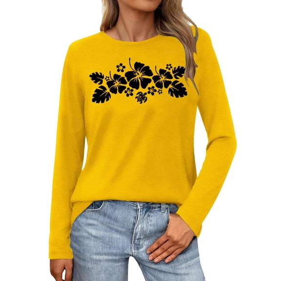 Telankuip Soft Comfortable T-Shirts for Womens Fashion Floral Printed Preppy Oversized Cute Graphic Crewneck Pullover Tops Long Sleeve Lightweight Thin Basic Casual Y2k Tees Yellow XL