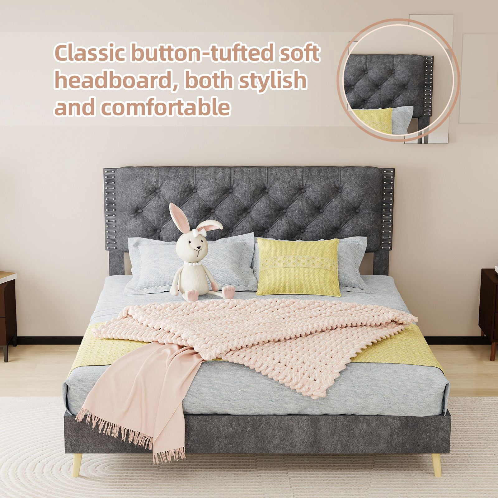 Alvantor Queen Size Upholstered Bed Frame with Padded Headboard, Holland Velvet Tufted Gray