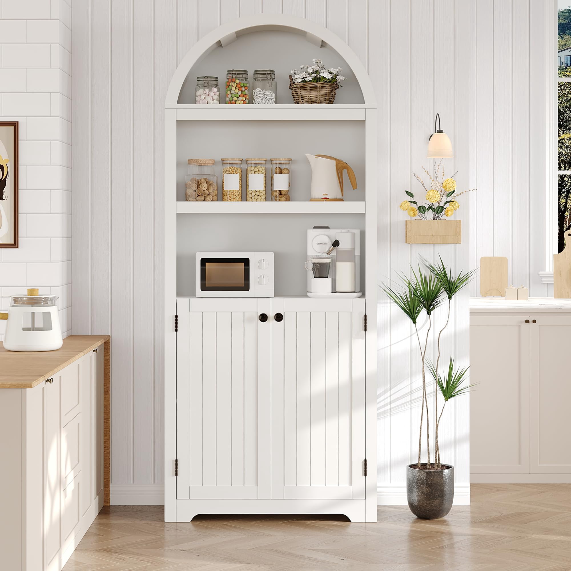 Kojooin 71.6" Tall Arched Storage Cabinet, 5 Tier Wooden Pantry Cabinet with Doors and Adjustable Shelves, Home Office Arch Book Shelf Storage Organizer for Living Room, Bedroom