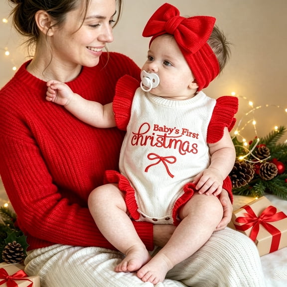 Baby Girl ”Baby's First Christmas“ Embroidery Knit Romper Set with Red Bow Headband, Ruffle Newborn Photography Outfit