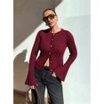 thumbnail image 5 of Women Trendy Crew Neck Ribbed Knit Crop Bell Long Sleeve Open Front Button Down Sweater Shirt Fall Outfit Wine Red L, 5 of 7