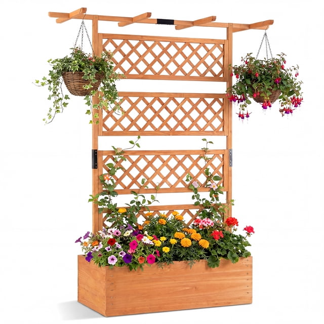 Gymax 72'' Wooden Planter Box w/Lattice Trellis Flat Roof Drainage for Climbing Plant Orange