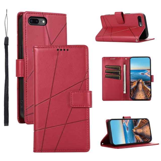 Étui iPhone 8 Plus/iPhone 7 Plus, Étui Vintage en Cuir PU à Rabat avec Fentes pour Cartes, Support Magnétique et Dragonne pour iPhone 8 Plus/iPhone 7 Plus