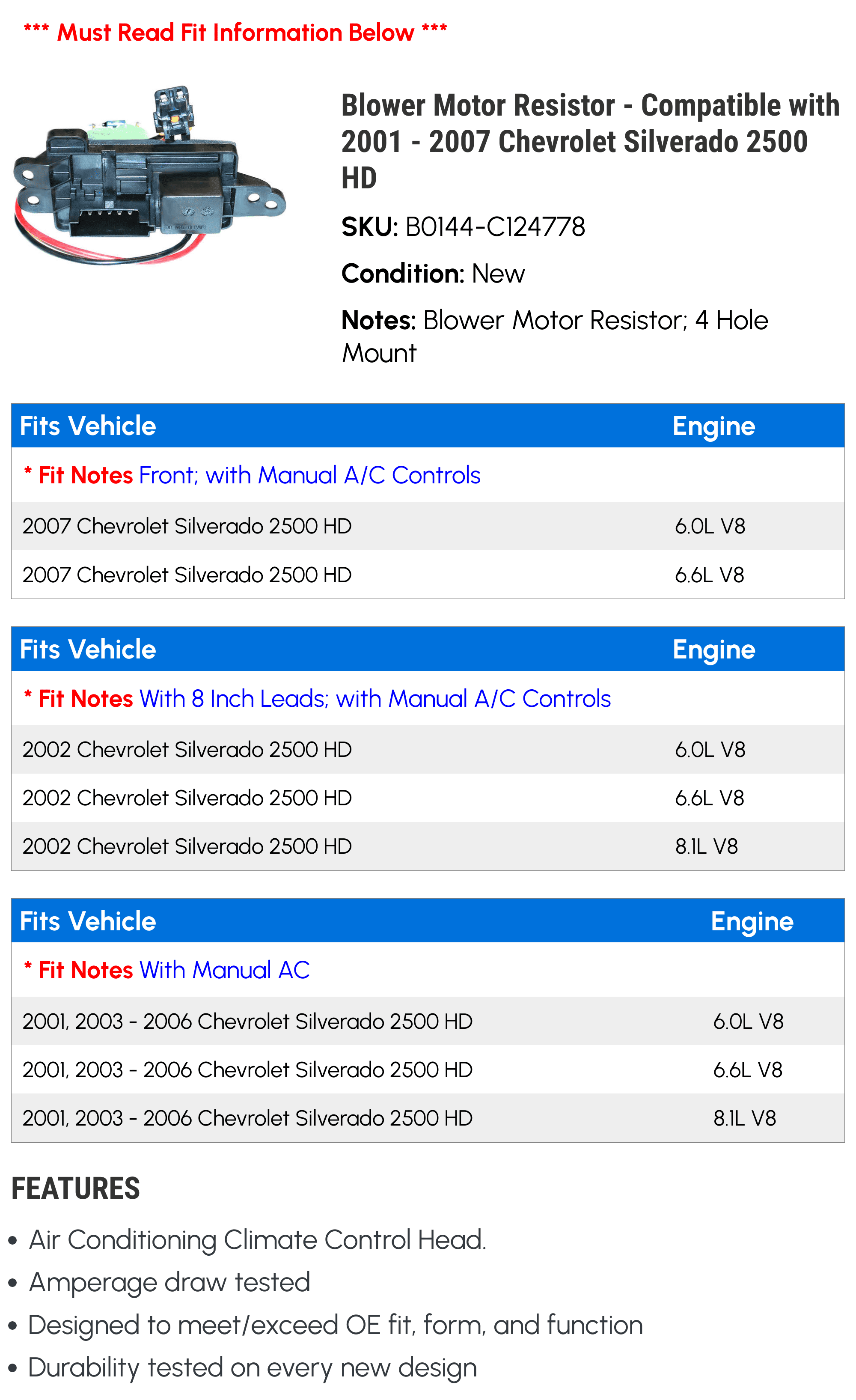 Blower Motor Resistor - Compatible with 2001 - 2007 Chevy Silverado 2500 HD 2002 2003 2004 2005 2006