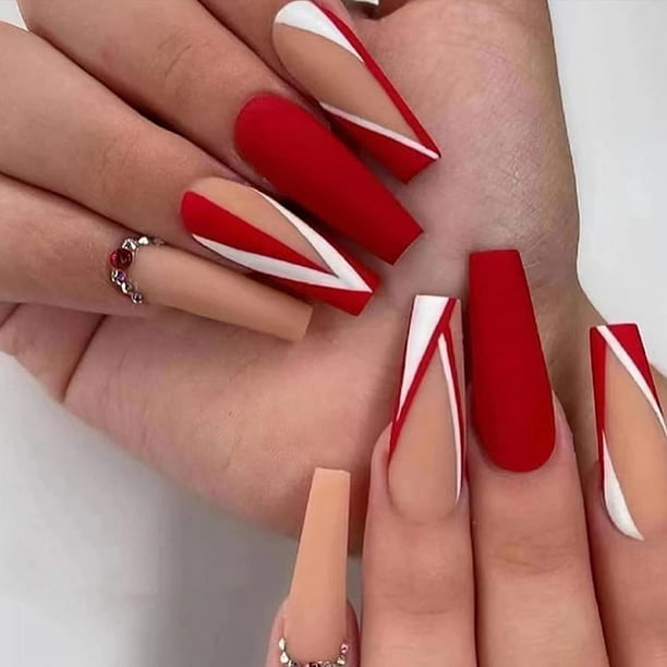 Nude Long Press on Nails Coffin Red V Shape French Tip Fake Nails Matte  Ballerina Stick on Nails with Rhinestones Design 24Pcs Acrylic Full Cover  False Nail Art Artificial Finger Nail for