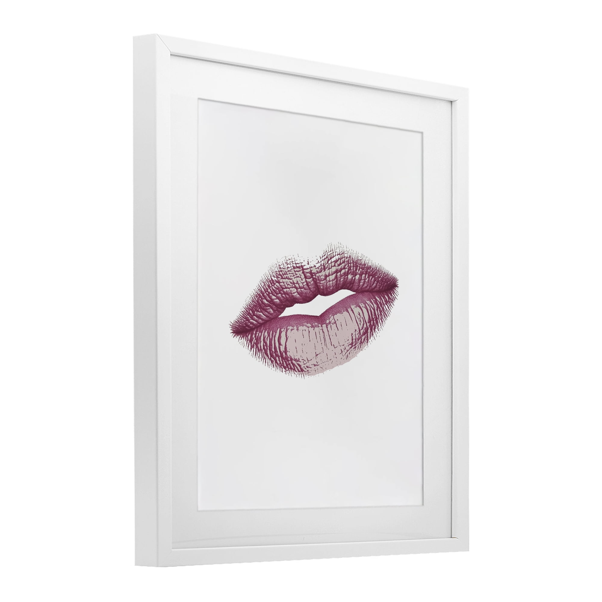 Feminine Pink Lips Glam White Framed Print Under Glass, design by Christine Simpson Art