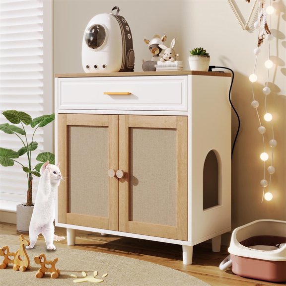 Pefilos 31" Cat Litter Box Furniture with Charging Socket, 2 Sisal Scratching Doors Indoor Cat Washroom, Litter Box Enclosure Wooden Cat House, White