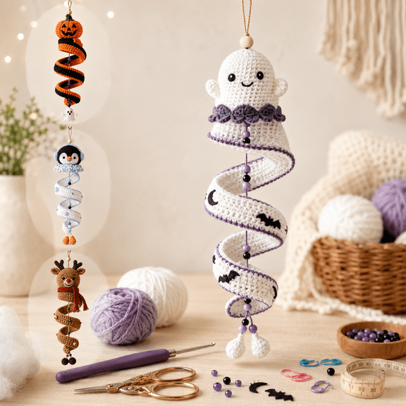Crochet Ghost Ornament DIY Kit, 9.8in Complete Beginner-Friendly Craft Set with Soft Yarn, Hooks, Step-by-Step Instructions for Halloween Home Decor