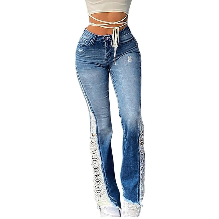 JNGSA Bell Bottom Jeans for Women High Waisted Flared Jeans Classic Wide  Leg Ripped Denim Side Distressed Pants Skinny Jeans Light Blue XXL 