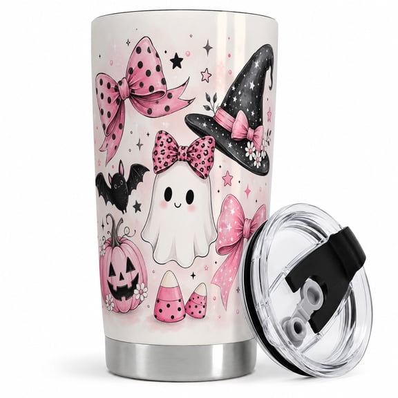 Pink Bow Witch Ghost Tumbler, 20oz Insulated Drinkware for Halloween Fans Stainless steel insulated tumbler with lid, pink bow witch ghost art for water, iced coffee, tea, or desk