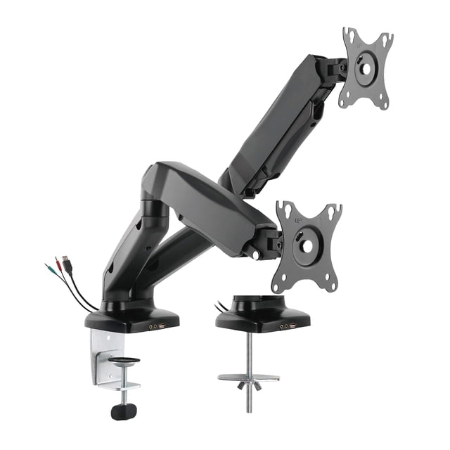 Rocelco Premium Soporte de escritorio para doble monitor con USB 2.0 y puerto de audio - Se adapta a pantallas planas LCD LED dobles de 13"" - 27" - Brazo ajustable neumático de asistencia de movimien
