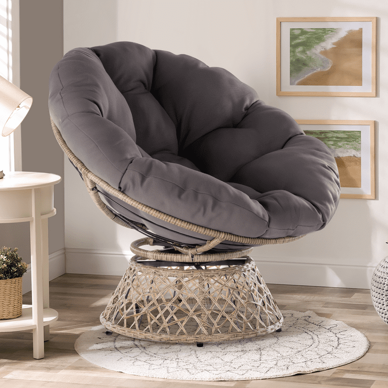 Aile 360 Swivel Comfy Papasan Chair with Fabric Cushion, Sturdy Metal Frame (graphite Stone - Brown Frame), Gray