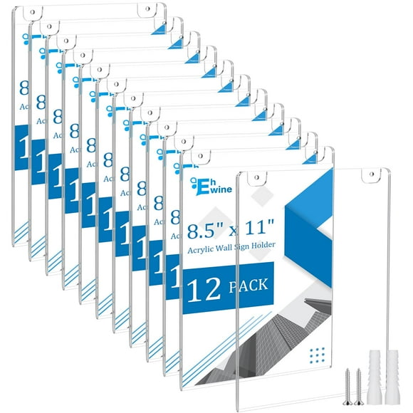 EHWINE 12 Pack 8.5x11 Wall Mount Acrylic Sign Holder, Acrylic Wall Sign Photo Menu Flyer Display Holder, Plastic Clear Picture Adhesive Frames for Office B