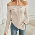 thumbnail image 2 of Kaemgyyd Off the Shoulder Tops for Women Basic Solid Color Long Sleeve Tops Rib Knit Sweater Asymmetrical Hem Pullover, 2 of 7