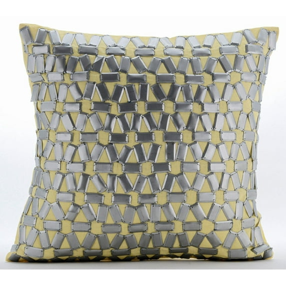 Decorative Pillow Cover, Yellow Cushion Cover, 3D Metallic Sequins Lattice Trellis Throw Pillow Cover, 18x18 inch (45x45 cm) Cushion Cover, Square Linen Throw Pillow - Yellow Twist