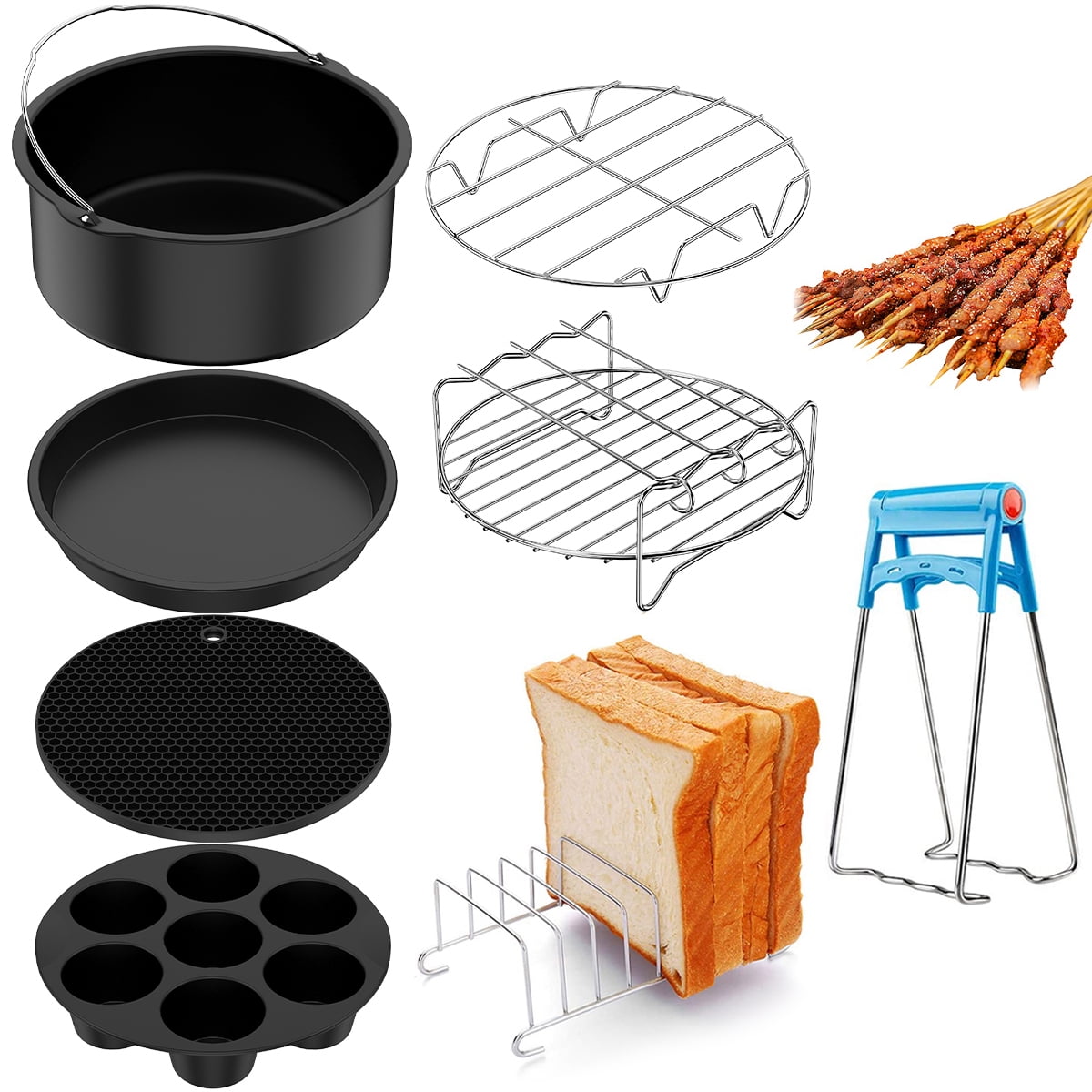 Retrok 7Pcs Air Fryer Accessories Set with 7 Non-stick Air Fryer Pot  Stainless Steel Air Fryer Pizza Pan Steamer Rack Skewer Rack Oil Brush Tong  Silicone Mat for Baking Cooking 3.5L-4.3L Air