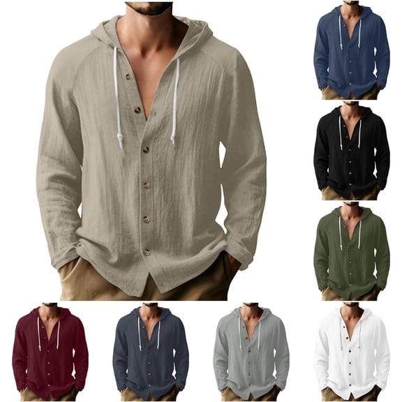 Afuyipoi T-Shirts for Men,Long Sleeve Button-Up Casual Cotton Linen Hooded Shirt Khaki 2XL